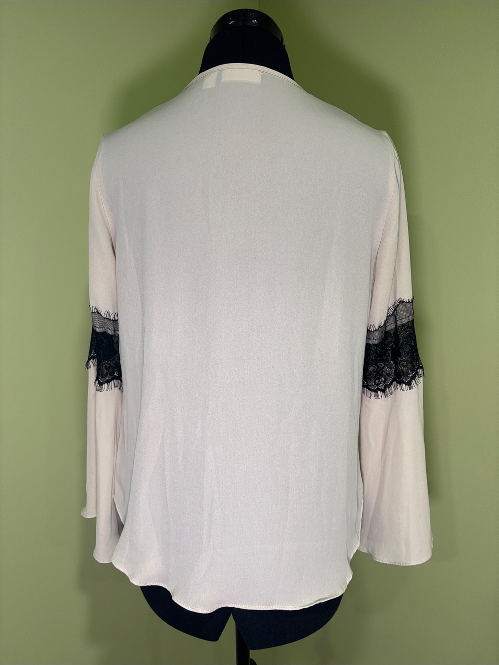 New York & Co. Lace Trim V-Neck Blouse in Cream and Black with bell sleeves - Picture 3 of 6